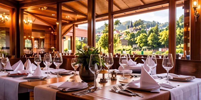 Gedeckte Tische im Restaurant mit Blick auf die Dorfkirche