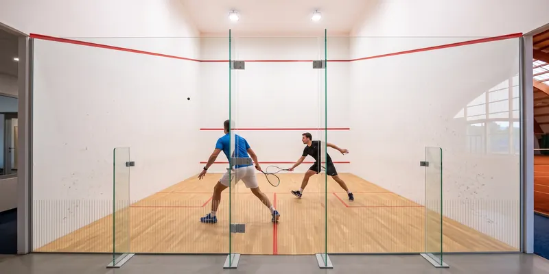 Zwei Spieler im Ballwechsel auf dem Squashplatz mit Glasrückwand