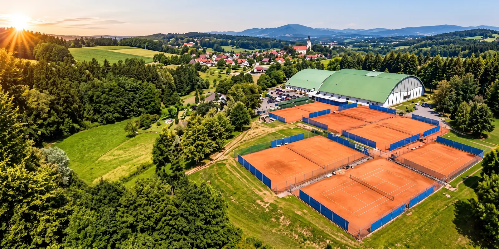 Luftbild des Parks: Sandplätze, die Tennishalle mit grünem Dach und der Ort Bad Waltersdorf